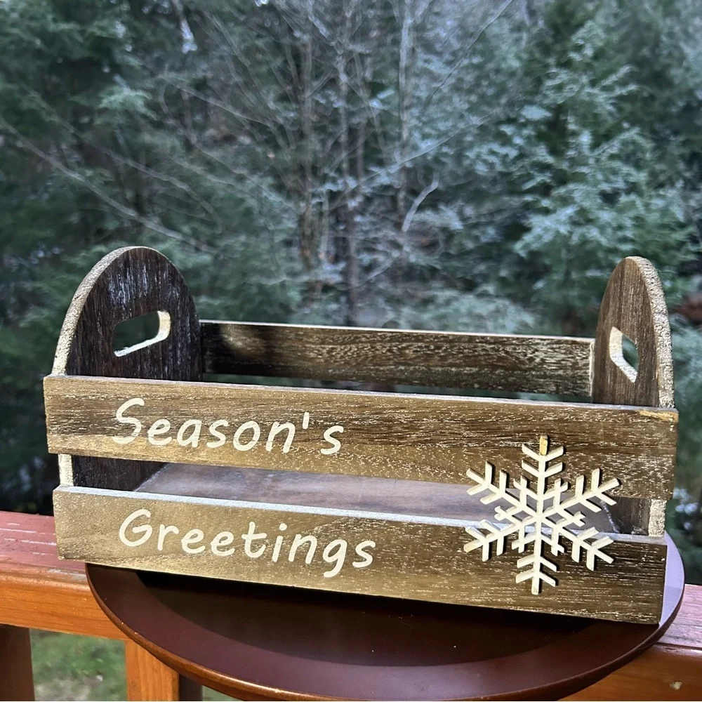 Rustic Wood “Season’s Greetings” Crate | Farmhouse Winter Decor Basket ❄️